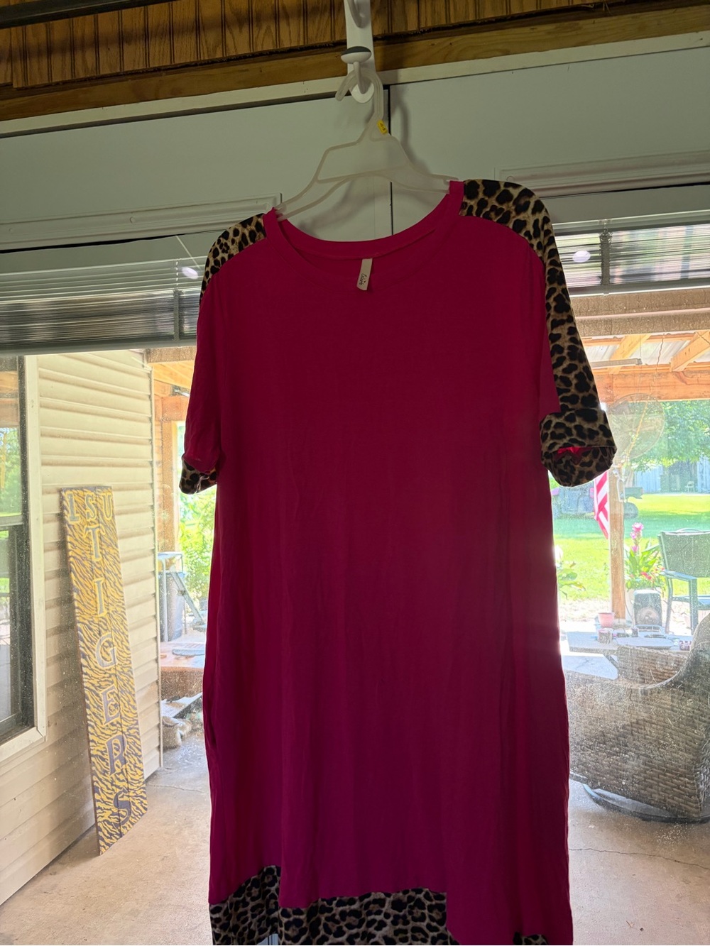 Women’s Magenta Midi Dress with Leopard Trim